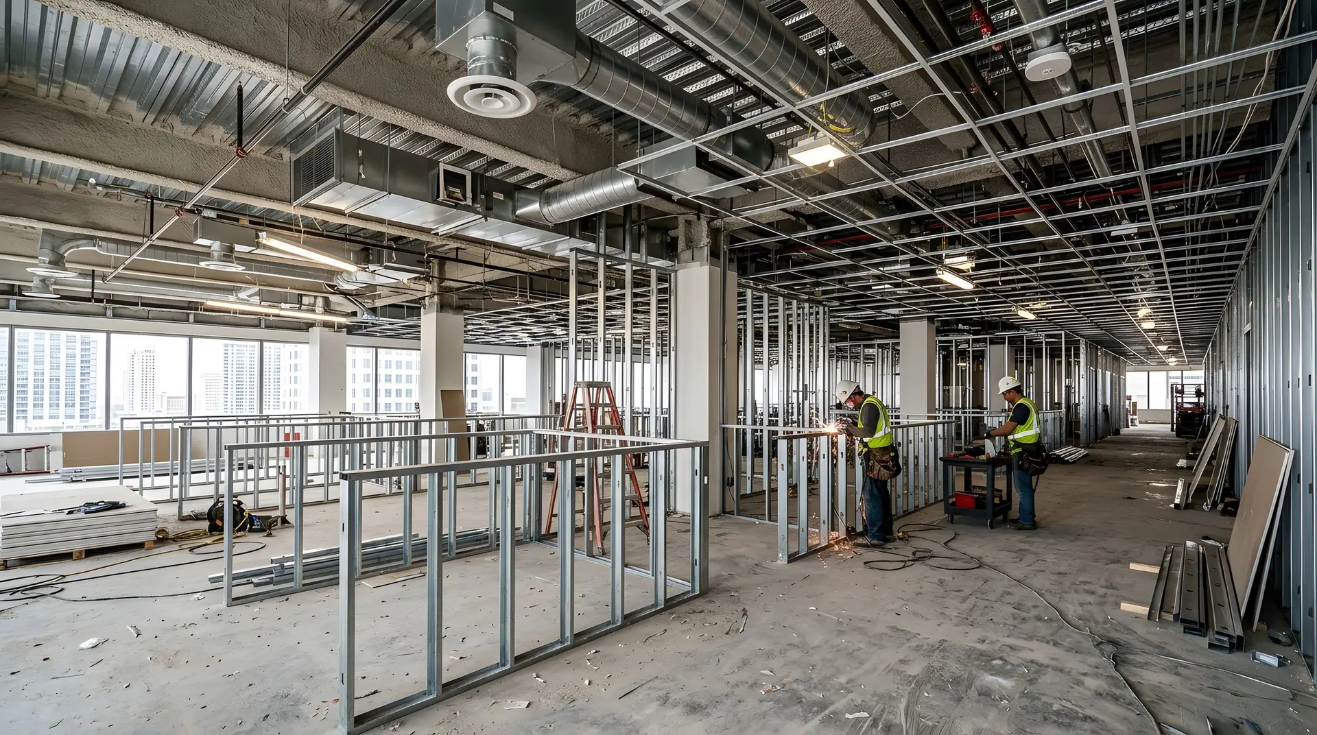 Open office floor under construction with metal stud framing, ceiling grid and two tradespeople at work